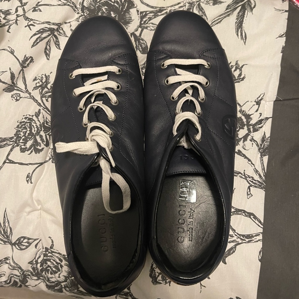 Gucci Men's Dark Leather Sneakers with White Laces